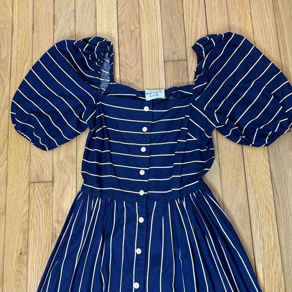 Vintage Wendy One Puff Sleeve Striped Midi Dress Button Down Size XS CottageCore - Picture 5 of 7